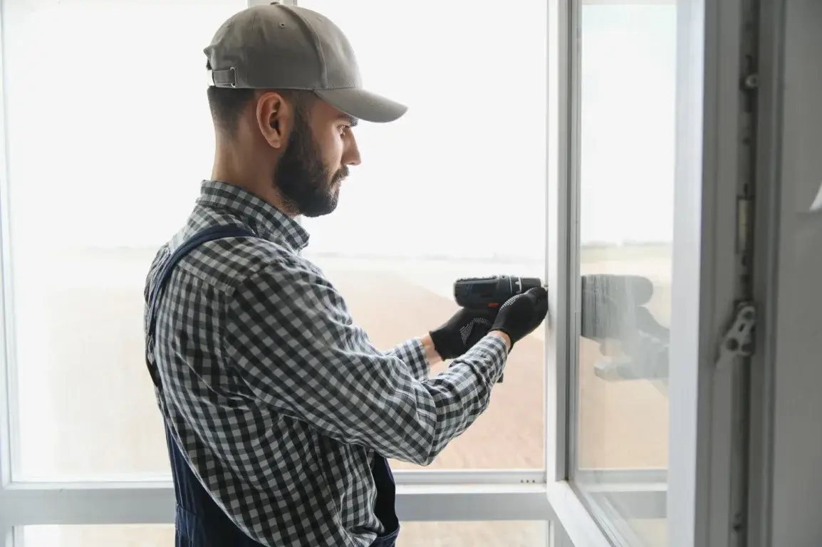 Workman in overalls installing or adjusting upvc windows in the living room at home.