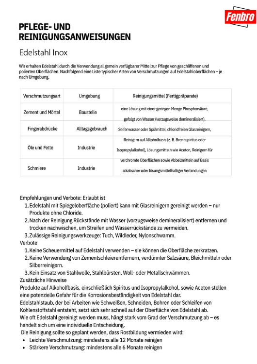 Edelstahl Inox Pflege- und Reinigungsanweisungen