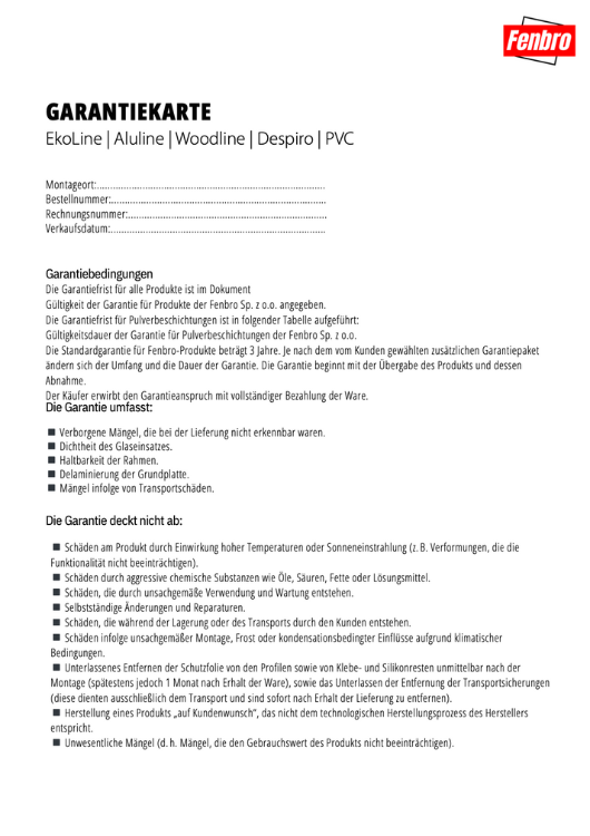 EkoLine | Aluline | Woodline | Despiro | PVC Garantiekarte